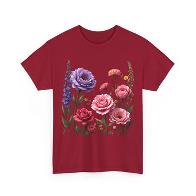 Wildflowers and Pink/Violet Roses, Graphic T-Shirts for Women, Floral Shirt, Womens Short Sleeve, Ladies Graphic Tees #5100TTS