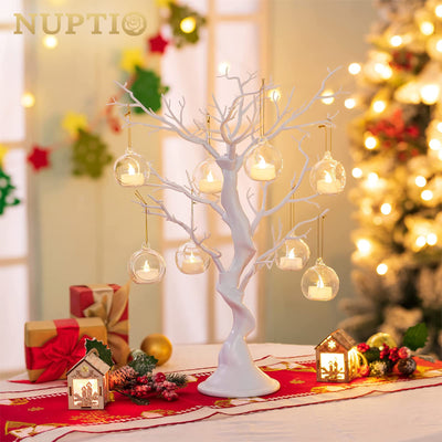 NUPTIO Hanging TeaLight Candle Holder: 24Pcs 2.36in Tree Tea Light Holders with LED Candles Small Glass Globes Ornament Clear Round Mini Terrarium Containers for Wedding Party Tree Decoration