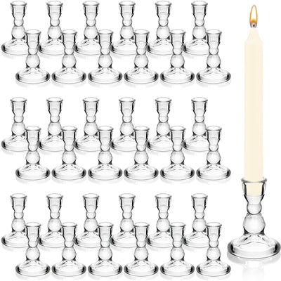 Set of 36 Clear Glass Taper Candle Holders Bulk Pillar Candlestick Holders Small Tapered Candle Stick Holders for Wedding Table Centerpieces Holiday Party Windowsill Decor