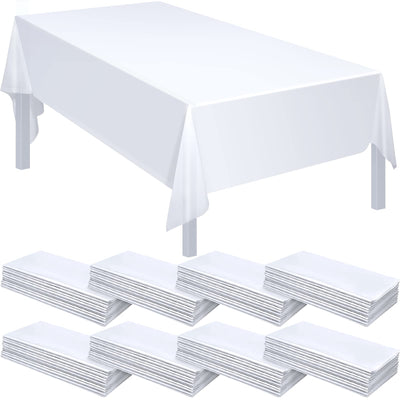 Tegeme Rectangular Plastic Tablecloth, 28 Pack Disposable Table Cloths 54 x 108 Inches, Waterproof Sturdy Material for Kitchen, Dining Room, Party, Wedding, Picnic, Camping (White)