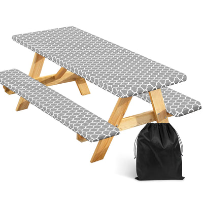 Senneny 3 PCS Fitted Picnic Table Cover with Bench Cover Set and Drawstring Bag, 100% Waterproof Vinyl Tablecloth with Flannel Backing, Lattice Grey Modern Geometric Trellis, 30 × 96 Inch