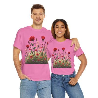 Wildflowers and Red Roses, Graphic T-Shirts for Women, Floral Shirt, Womens Short Sleeve, Ladies Graphic Tees #5032TTS
