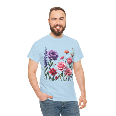 Wildflowers and Pink/Violet Roses, Graphic T-Shirts for Women, Floral Shirt, Womens Short Sleeve, Ladies Graphic Tees #5100TTS
