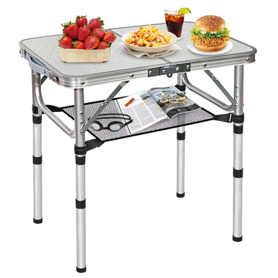 FURFIMU Small Folding Table,3 Adjustable Height Foldable Table,2Ft Portable Camping Table,Outdoor Folding Table with Net Mesh，Folding Beach Table,White Metal Folding Table for Patio BBQ