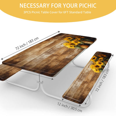 YEYE JUICE Wood Grain Sunflower Picnic Table Cover with Bench Covers Camping Essentials Waterproof Windproof Camping Tablecloth, Fitted Rectangle Tables and Seats, 6FT, 72in