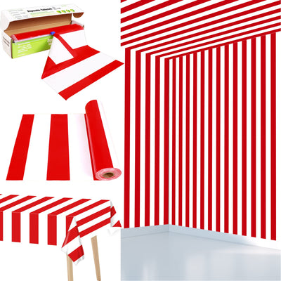 Red and White Striped Tablecloth Roll 52 in x 100 Ft with Slide Cutter Circus Carnival Party Supplies Plastic Picnic Party Table Cover for Indoor Outdoor Events Family Banquet Parties and Celebrations