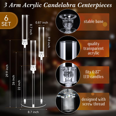 Layhit 6 Set Acrylic Candelabra Centerpiece 38.6" Clear Candle Holder 3 Arm Pillar Taper Candlesticks with Acrylic Shade Circular Base for Wedding Party Table Decoration Fit .87 LED Candle