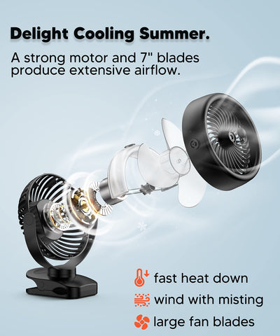 TYZU 7 Inch Portable Fan, Misting Fan, 4000 mAh Battery Operated Fan, Outdoor Misting Fan With 2 Mist Modes & 4 Speeds, 130ml Tank, 360° Rotatable, Clip on fan For Outside Camping Stroller Golf Cart