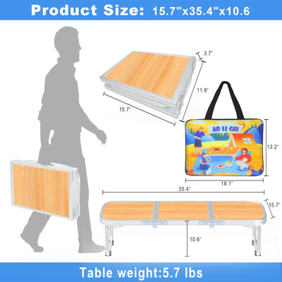 AO LI GEI Folding Camping Table Small with Storage Bag,Adjustable Height Portable Picnic Table,Upgraded Thickening Lightweight Outdoor Table Aluminum Legs (Brown:15.7"x35.4", Height:10.6")