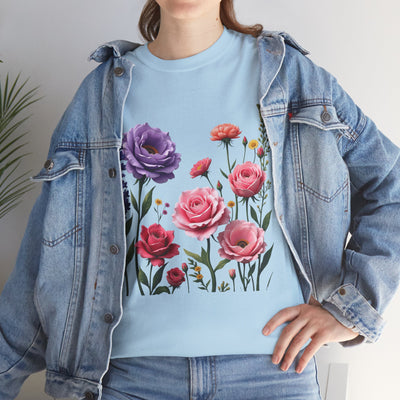 Wildflowers and Pink/Violet Roses, Graphic T-Shirts for Women, Floral Shirt, Womens Short Sleeve, Ladies Graphic Tees #5100TTS