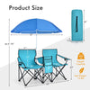 COSTWAY Double Portable Picnic, Folding w/Detachable Umbrella, Cooler Bag, Cup Holders, Patio Beach Chairs for Outdoors Camping Furniture, Turquoise