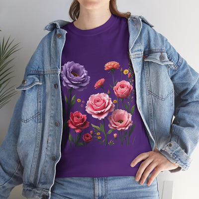 Wildflowers and Pink/Violet Roses, Graphic T-Shirts for Women, Floral Shirt, Womens Short Sleeve, Ladies Graphic Tees #5100TTS