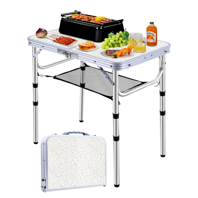 JUOIFIP Outdoor Small Portable Folding Table, 3 Adjustable Height Foldable Camping Table for Camp, Lightweight Aluminum Fold Up Table for Picnic, BBQ, Party, Travel, Home Use. White