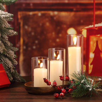 Shihanee Set of 3 White Pillar Candles and 3 Glass Cylinder Candle Holders for Slim Candles Wedding Valentine's Day Centerpieces(Ivory White, 2.6'' X 4.7'', 5.9'', 7.9'')