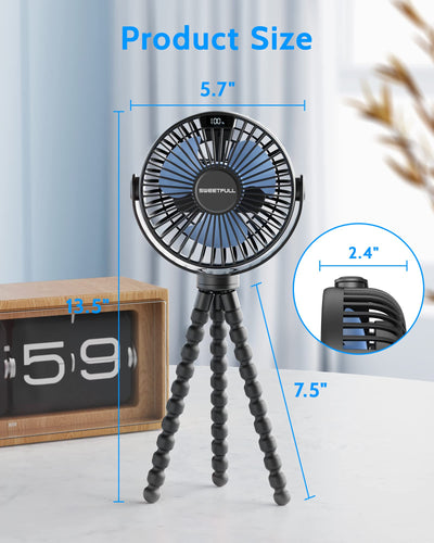 SWEETFULL Portable Stroller Fan with LED Display 4000mAh Battery Powered Mini Clip Fan, 4-Speed Rechargeable Small Personal Fan Handheld Desk Cooling Fan for Car Seat Crib Treadmill Travel-Black