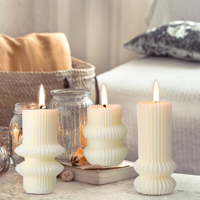 MTLEE 3 Pcs Small Ribbed Pillar Candles Ribbed Candle Soy Wax Scented Pillar Candle Aesthetic Candle Modern Geometric Candle Tall Pillar Candle Modern Home Decor for Bathroom Living Room(White)