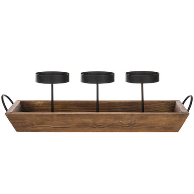 MyGift 3-Pillar Black Metal Candle Holder with Rustic Wood Tray and Handles, Tabletop/Mantel Centerpiece