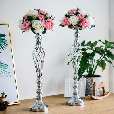 Set of 2 Versatile Silver Flower Arrangement Stand & Pillar Candle Holder Set for Wedding Party Dinner Centerpiece Event Restaurant Hotel Decoration (Silver Twist Style, 2 x L)