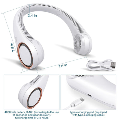CIVPOWER Portable Neck Fan,Hands Free Bladeless Fan, Cooling Personal Fan,3 Speeds Adjustment,78 Air Outlet,Headphone Design,Rechargeable,USB Powered Neck Fan for Outdoor Indoor-White