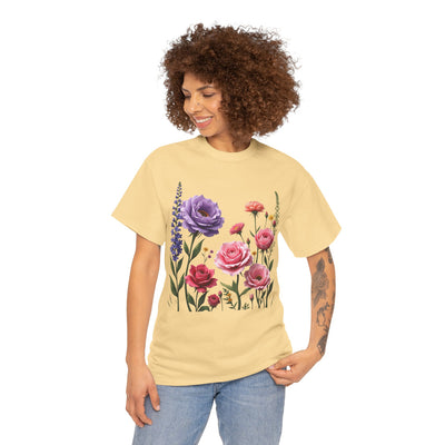 Wildflowers and Pink/Violet Roses, Graphic T-Shirts for Women, Floral Shirt, Womens Short Sleeve, Ladies Graphic Tees #5100TTS