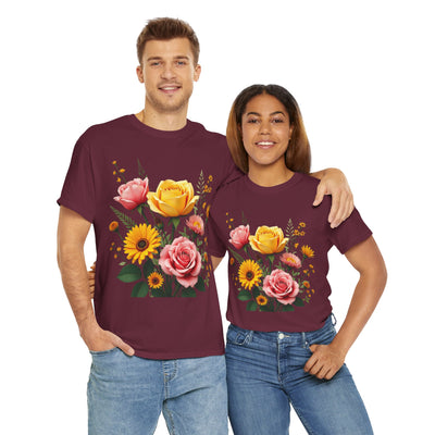 Wildflowers and Pink & Yellow Roses, Graphic T-Shirts for Women, Floral Shirt, Womens Short Sleeve, Ladies Graphic Tees #5146TTS