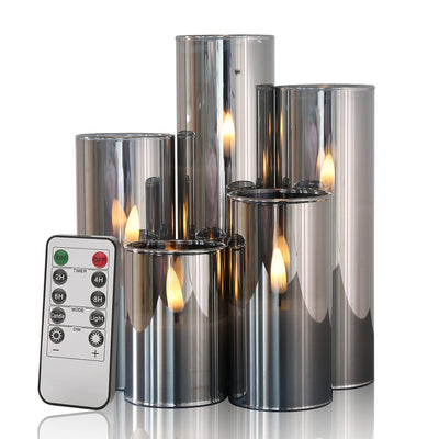 Eywamage 5 Pack Grey Glass Flameless Candles with Remote, Flickering Slim Tall LED Pillar Votive Candles Battery Included