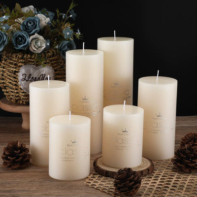 Set of 12 Poured Pillar Candle 3"x 4", 6", 8" Dripless Unscented Candles Long Clean Burning Rustic Country Style Ideal for Wedding, Home Decor, Relaxation and Other Occasions (Ivory White)