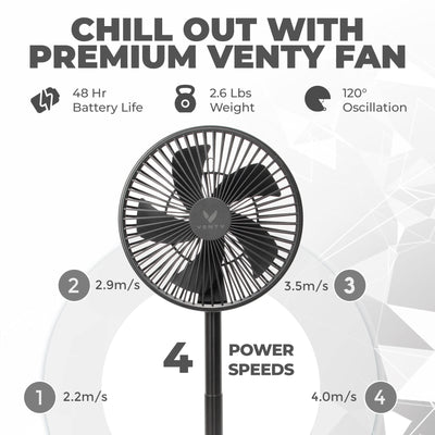 VENTY Portable Fan - Wireless Battery Operated Fan, 48HR Run Time 16000MAH Oscillating Rechargeable Fan, Remote Control & LED Lighting, Folding Telescopic Camping Fan (Black with Case)