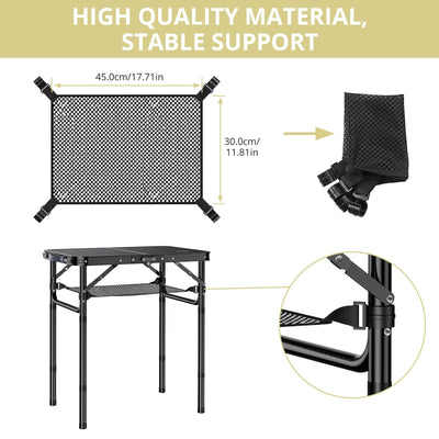 Anbte Folding Camping Table with Storage Net, Pure Black Aluminum 2ft Picnic Table 24" x 16" Outdoor Table Adjustable Height Max 26.5 inch, Lightweight, Waterproof, Portable Handle for Travel Cooking