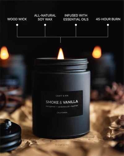 Scented Candles for Men | Wood & Vanilla Scented Candles | Spring Candles | Soy Candles for Home Scented | Masculine Candle, Wood Wicked Candles | Vanilla Candle in Black Jar