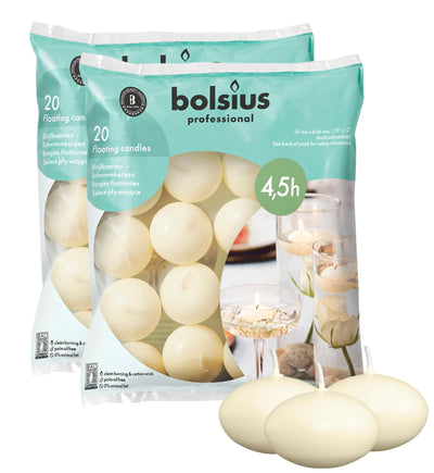 BOLSIUS Unscented 1.75" Floating Candles - Pure Rich Creamy Ivory, 40 Set - Smokeless, European Quality - Imbue Breathtaking Ambiance for Romantic Wedding Centerpieces, Decorations, Holiday Parties
