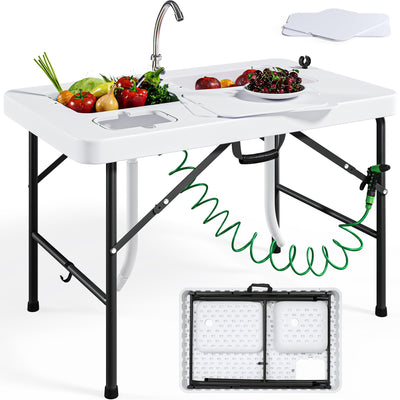 Yitahome Fish Cleaning Table with Deep Sinks & Sprayer 40" Portable Fish Cleaning Table w/Water Hose Hookup & Faucet, Folding Camping Sink Table Ideal for Picnic Fishing, White