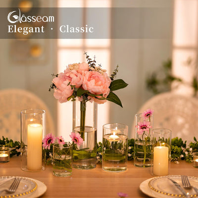 Glasseam Hurricane Glass Candle Holders Set of 6, Clear Cylinder Candle Holders for Pillar Candles, Modern Floating Candles for Centerpieces Vases, Candle Holders for Table Centerpiece, 4"+6"+8"