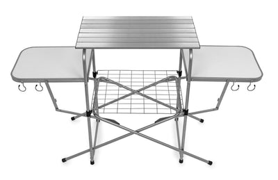 Camco Olympian Deluxe Portable Grill Table | Provides Plenty of Room for Grilling Gear | Ideal for Picnics, Camping, Boating, Tailgating, and Backyard BBQs | (57293) Silver