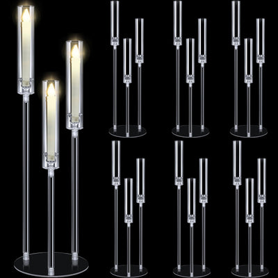 Layhit 6 Set Acrylic Candelabra Centerpiece 38.6" Clear Candle Holder 3 Arm Pillar Taper Candlesticks with Acrylic Shade Circular Base for Wedding Party Table Decoration Fit .87 LED Candle
