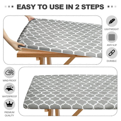 Senneny 3 PCS Fitted Picnic Table Cover with Bench Cover Set and Drawstring Bag, 100% Waterproof Vinyl Tablecloth with Flannel Backing, Lattice Grey Modern Geometric Trellis, 30 × 96 Inch