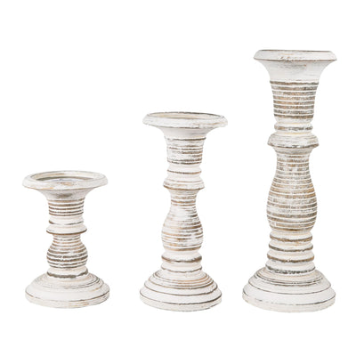 “Jharana II” Candle Holders for Pillar Candles (Distressed White, Set of 3) - Mangowood Candle Stand - Farmhouse Wooden Candle Holders Pillar - Candle Holder Decor for Table Centerpiece - 6”, 9”, 12”