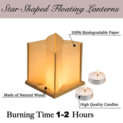 FUELYE 10 Pack 6" Star Shaped Floating Lanterns with Waterproof Wooden Base Sets, Paper Water Lanterns Decoration with LED Tealight Candle (10Sets Lanterns+Candles)