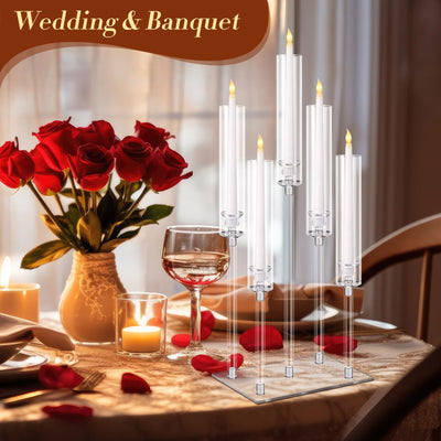 Hushee 8 Pcs Acrylic Candelabra Centerpieces 5 Arm Clear Candelabra Candle Holder Crystal Taper Candlestick with Rectangular Base Party Table Decoration Fit 0.87'' LED Candle(General)