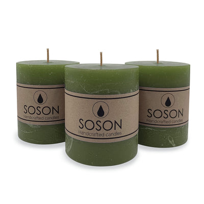 Simply Soson Dark Moss Green Rustic Texture Pillar Candles 3x3 inch - Set of 3 - Unscented Decorative Green Candles, No drip Candles, Ideal as Large Candles for Home Decor, Weddings, Holidays