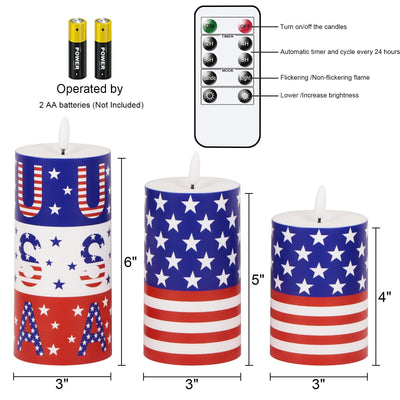 Wondise Patriotic Candles Outdoor Waterproof Flameless Candle with Remote & Timer, 4th of July Battery Operated 3D Wick LED Pillar Flag Candles for Independence Day Home Decor