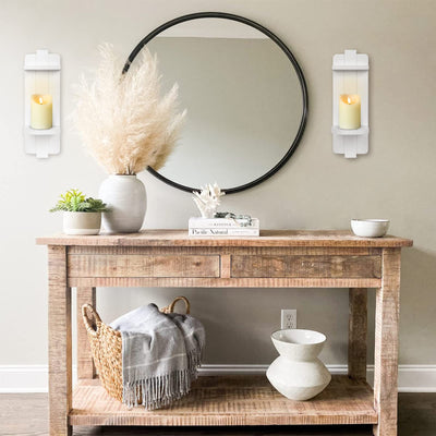 Rustic Wood Wall Sconces Set of 2 - Farmhouse Floating Candle Holders for Home Decor, White Wall Shelf for Living Room, Dining Room, Bedroom, Bathroom