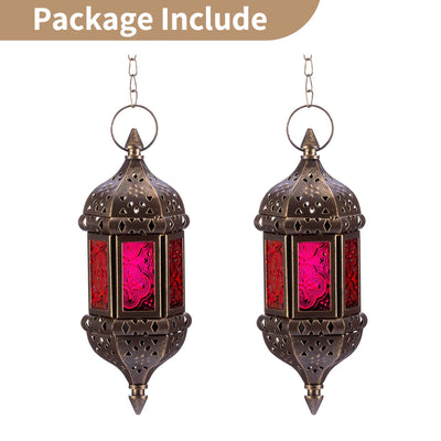 2 Pcs Hanging Hexagon Decorative Moroccan Candle Lantern Holders, Handmade Hanging Tea Light Holder in Bronze Metal & Red & Purple Glass Gift & Decor Items