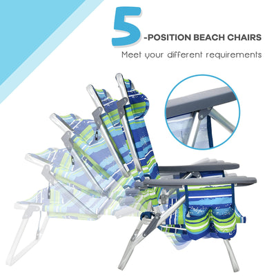 Goplus Backpack Beach Chairs, 3 Pcs Portable Camping Chairs with Cool Bag and Cup Holder, 5-Position Outdoor Reclining Chairs for Sunbathing, Fishing, Travelling (Blue+Green, with Side Table)