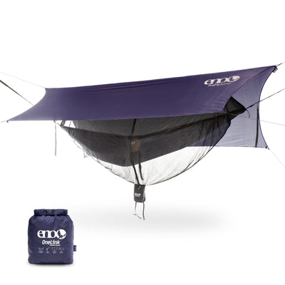 ENO OneLink Hammock System - Includes DoubleNest Hammock, Atlas Suspension System, Guardian Bug Net, and ProFly Rain Tarp - Set of Hammock Essentials for Camping, Hiking, or a Festival - Navy/Olive