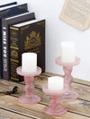 Lewondr Glass Candle Holders, 3 Pieces Crystal Clear Candlesticks with Elegant Design for Pillar Taper Candle and Tea Light, Home Table Living Room Wedding Party Decorations Home Décor - Pink