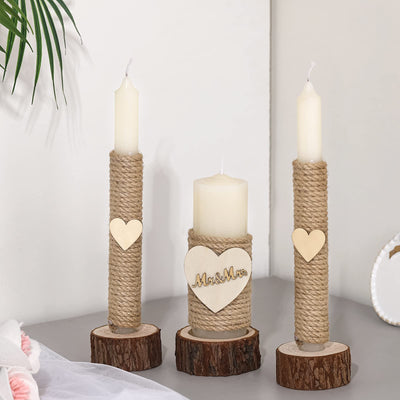 3 Pcs Rustic Unity Candles for Wedding Ceremony Set Mr and Mrs Burlap Wedding Candles 1(5.9'') Pillar 2(9.8'') Taper Candles for Weddings Ceremony Events Decor Emergency Lighting (Romantic Style)