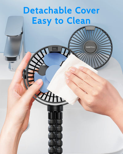 SWEETFULL Portable Stroller Fan with LED Display 4000mAh Battery Powered Mini Clip Fan, 4-Speed Rechargeable Small Personal Fan Handheld Desk Cooling Fan for Car Seat Crib Treadmill Travel-Black