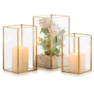 Nuptio Glass Hurricane Candle Holder Set of 3 Gold Pillar Candle Holders Large Rectangular Candleholder Table Centerpieces Decoration for Wedding Christmas Holiday Home Ornaments 9.5 & 8.1 & 6.5 inch