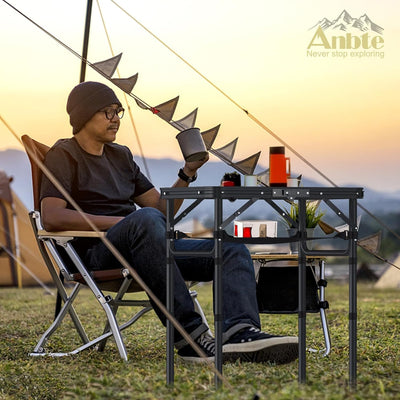 Anbte Folding Camping Table with Storage Net, Pure Black Aluminum 2ft Picnic Table 24" x 16" Outdoor Table Adjustable Height Max 26.5 inch, Lightweight, Waterproof, Portable Handle for Travel Cooking